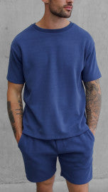 Cotton Blend Premium Ribbed Short-Set in Navy