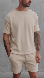 Cotton Blend Premium Ribbed Short-Set in Cream