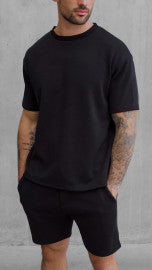 Cotton Blend Premium Ribbed Short-Set in Black